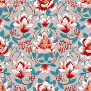 big// Magnolias and Coneflowers Floral half drop Crimson Red Taupe Background