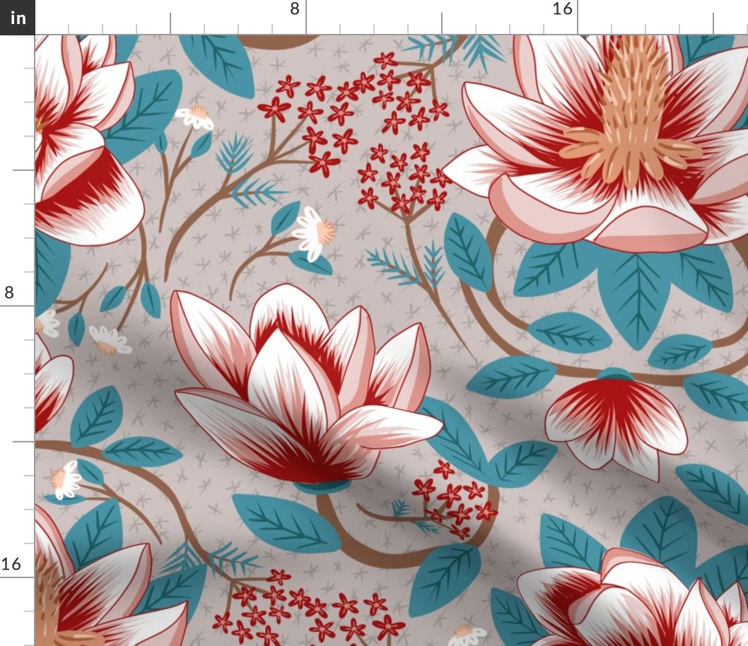 big// Magnolias and Coneflowers Floral half drop Crimson Red Taupe Background