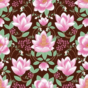 big// Magnolias and Coneflowers Floral half drop Dusty Pink brown Background