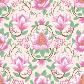 big// Magnolias and Coneflowers Floral half drop Dusty Pink cream Background
