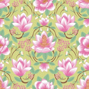big// Magnolias and Coneflowers Floral half drop Dusty Pink lime green Background