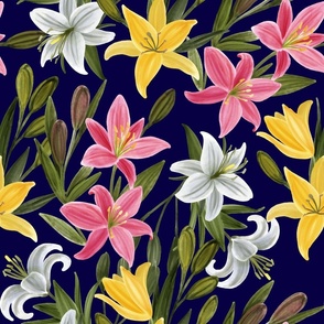 White, Pink and Yellow Lilies on Navy Blue Background, Large Scale