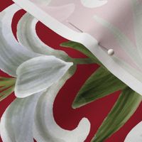 White, Pink and Yellow Lilies on Red Background, Large Scale