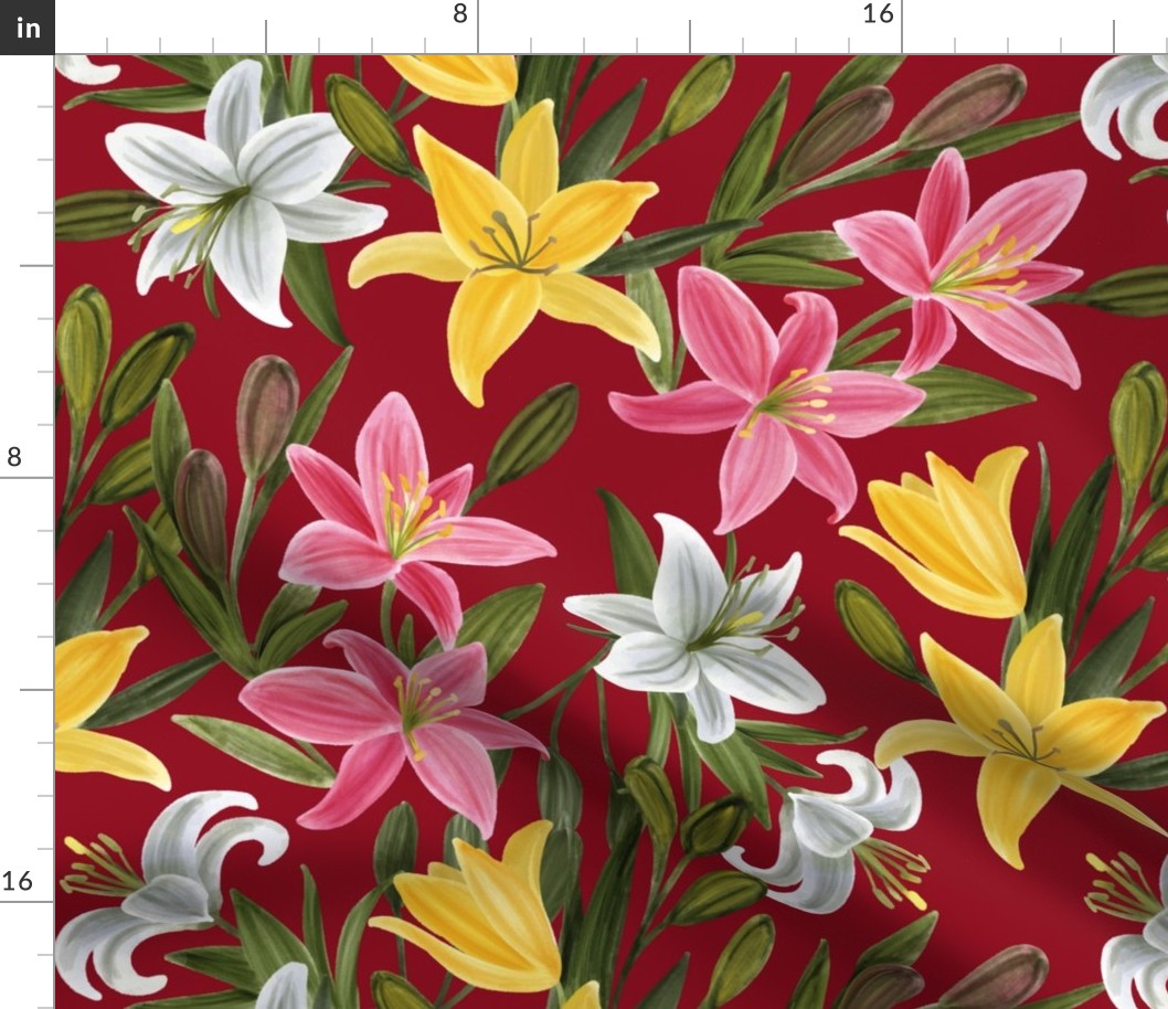 White, Pink and Yellow Lilies on Red Background, Large Scale
