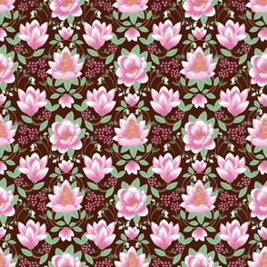 medium// Magnolias and Coneflowers Floral half drop Dusty Pink brown Background