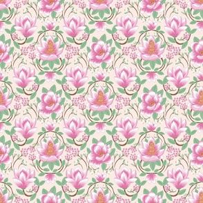 medium// Magnolias and Coneflowers Floral half drop Dusty Pink cream Background