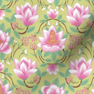 medium// Magnolias and Coneflowers Floral half drop Dusty Pink lime green Background