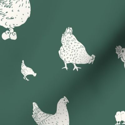 Large chickens on dark green country farm animals 