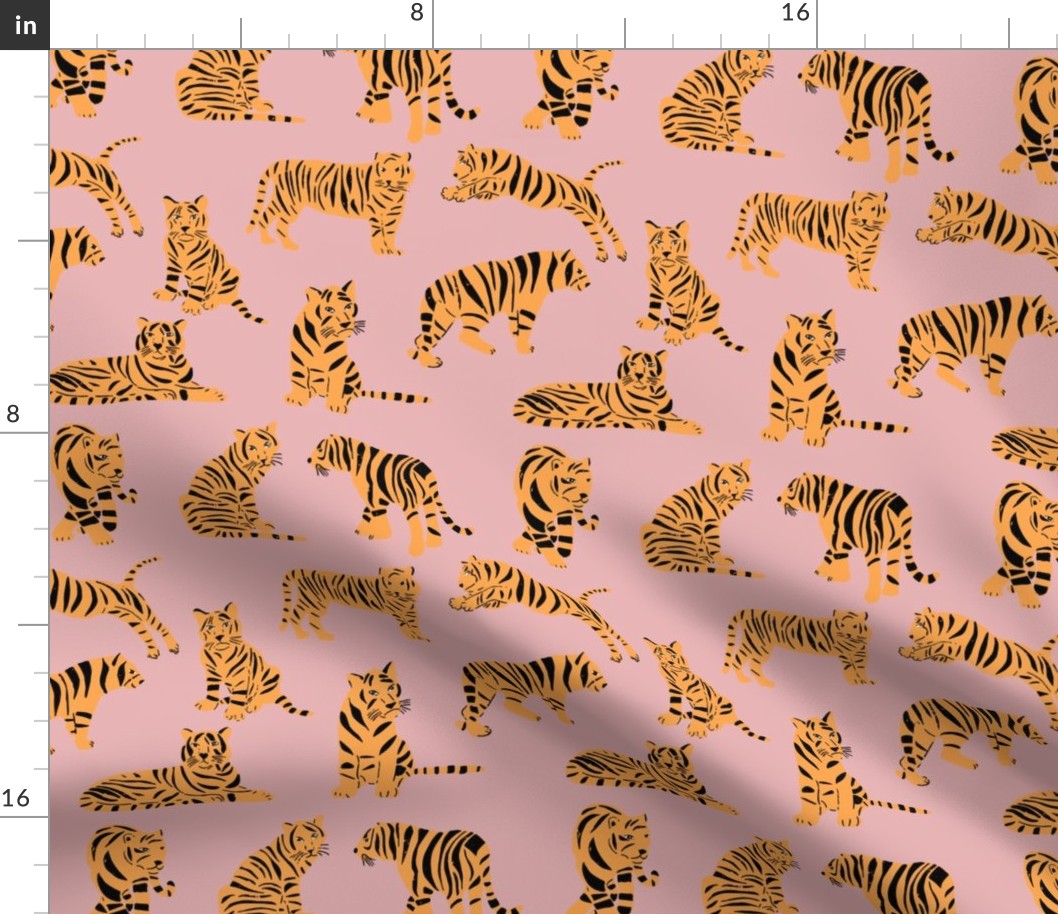 Tigers on Pink | Medium Version | orange-gold and pink tigers print