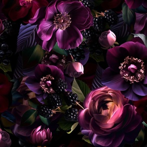 Large- Opulent Antique Baroque Maximalistic Flowers Romanticism - Gothic And Mystic inspired Purple Burgundy
