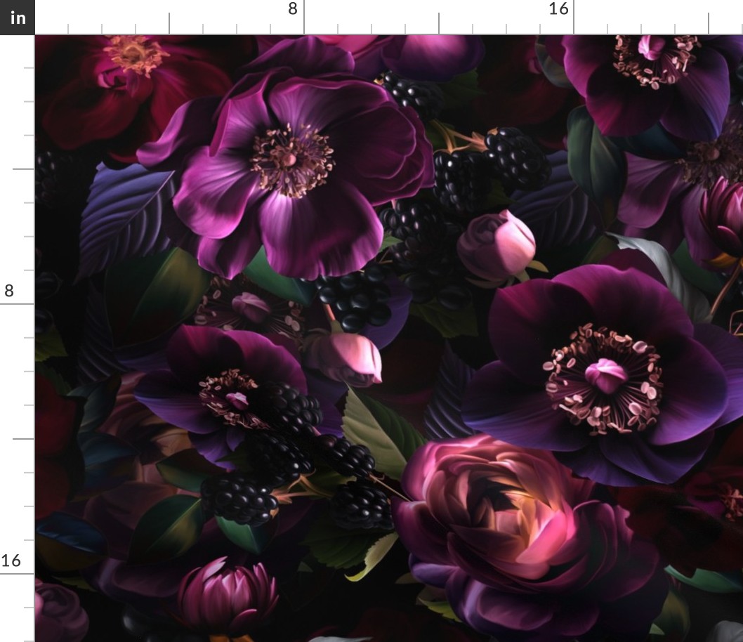 Large- Opulent Antique Baroque Maximalistic Flowers Romanticism - Gothic And Mystic inspired Purple Burgundy