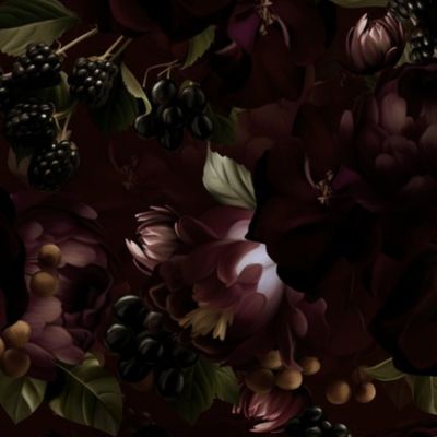 Small - Opulent Antique Baroque Maximalistic Flowers - Gothic And Mystic inspired Shiny Romanticism Burgundy