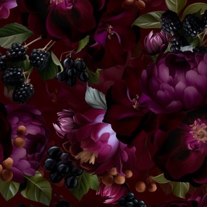 Large - Opulent Antique Baroque Maximalistic Flowers - Gothic And Mystic inspired Shiny Romanticism Burgundy 