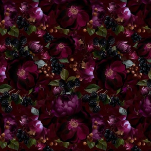 Small - Opulent Antique Baroque Maximalistic Flowers - Gothic And Mystic inspired Shiny Romanticism Warm Burgundy 