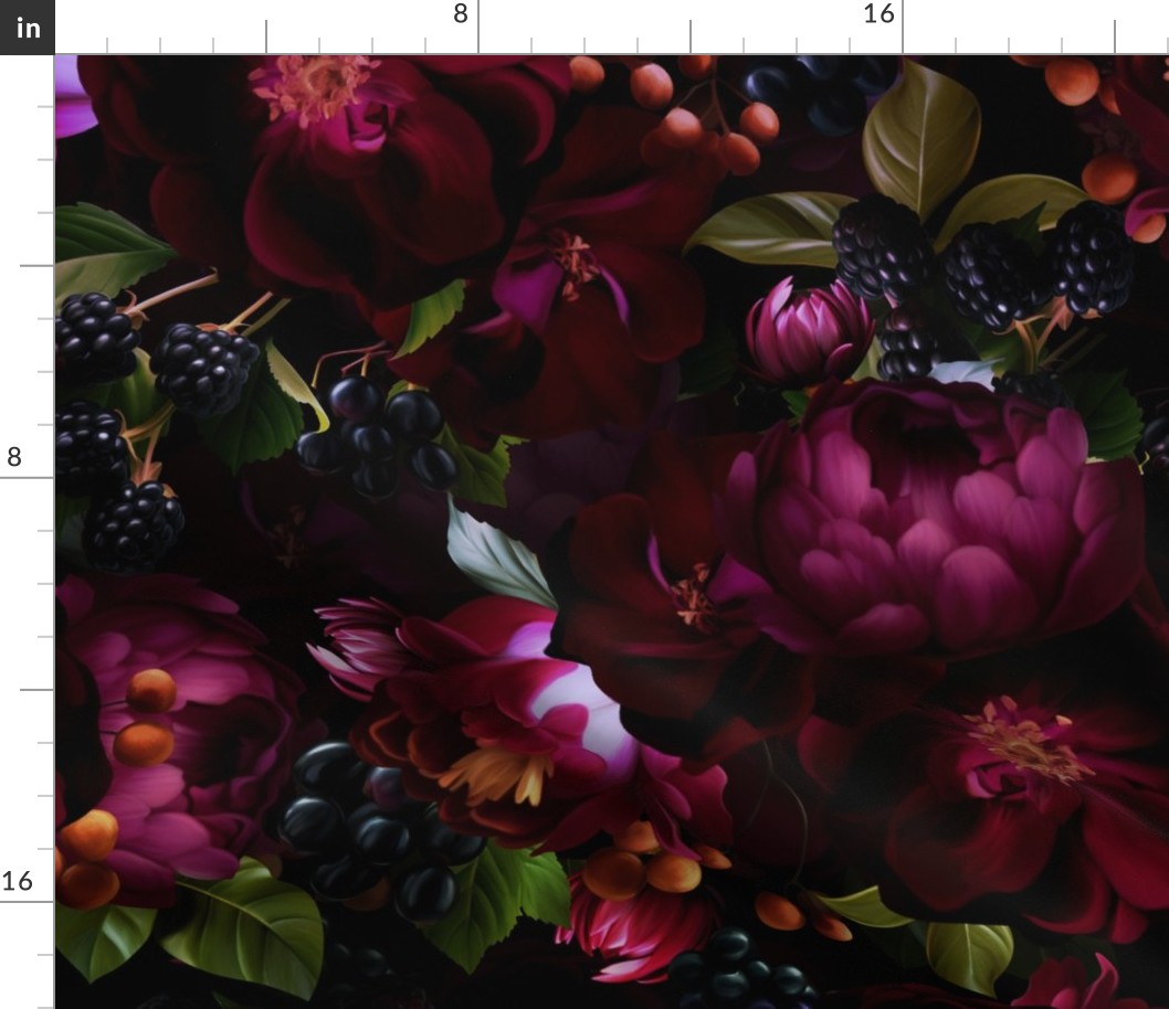 Large - Opulent Antique Baroque Maximalistic Flowers - Gothic And Mystic inspired Shiny Romanticism Midnight Burgundy