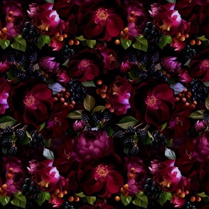 Small  - Opulent Antique Baroque Maximalistic Flowers - Gothic And Mystic inspired Shiny Romanticism Midnight Burgundy