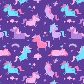 Cute Girls Unicorns in Candy colors on a purple background