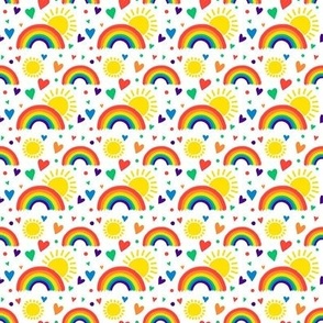 (S) - Happy Rainbows, Sun, and Colorful Love Hearts on White 