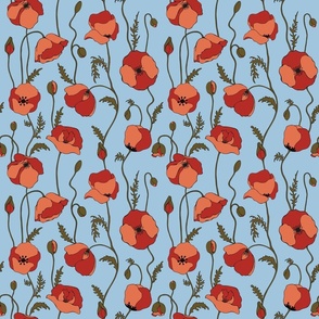 Poppies on blue background for Floriography Design Challenge.