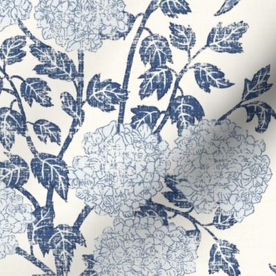 (L) Toile de Jouy Floral Iris Hydrangea Flower Garden - Navy  Blue  Ivory 