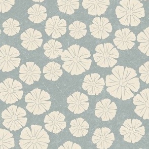 Block print flowers in muted blue gray