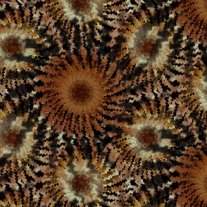 Psychedelic ikat spiral fabric pattern, brown color