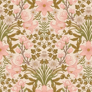 Floriography - Light - William Morris Inspired  - Clematis, Magnolia, Ivy, Edelweiss, Daffodils - Large Scale