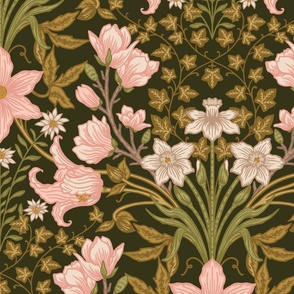 Floriography - William Morris Inspired  - Clematis, Magnolia, Ivy, Edelweiss, Daffodils - Jumbo Scale