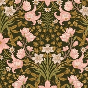 Floriography - William Morris Inspired  - Clematis, Magnolia, Ivy, Edelweiss, Daffodils - Medium Scale