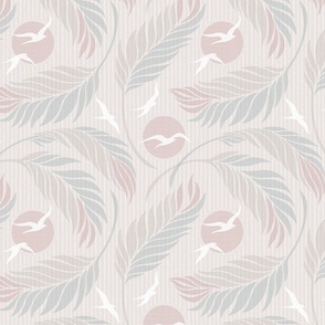 Soaring Seabirds and Swaying Palms, Medium Scale - Pink, Taupe, Grey