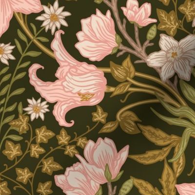 Floriography - William Morris Inspired  - Clematis, Magnolia, Ivy, Edelweiss, Daffodils - Large Scale