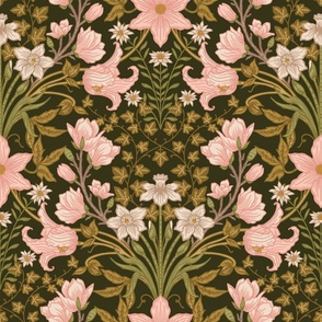 Floriography - William Morris Inspired  - Clematis, Magnolia, Ivy, Edelweiss, Daffodils - Large Scale