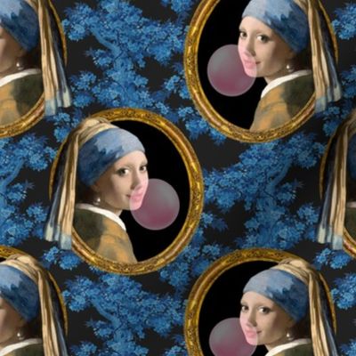 Girl with Pearl Earring Bubble Gum Print Blue Trees Background
