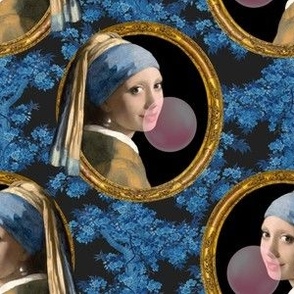 Girl with Pearl Earring Bubble Gum Print Blue Trees Background