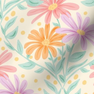 Hand-Drawn Multi-Colored Daisies on a Cream Colored Ground_Large