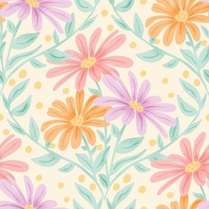 Hand-Drawn Multi-Colored Daisies on a Cream Colored Ground_Large
