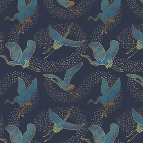 Flight of the Cranes // Teal and Gold on Dark Blue