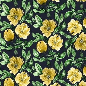 Medium 9x9in  – fancy luxurious watercolor flowers  – yellow, green on dark blue