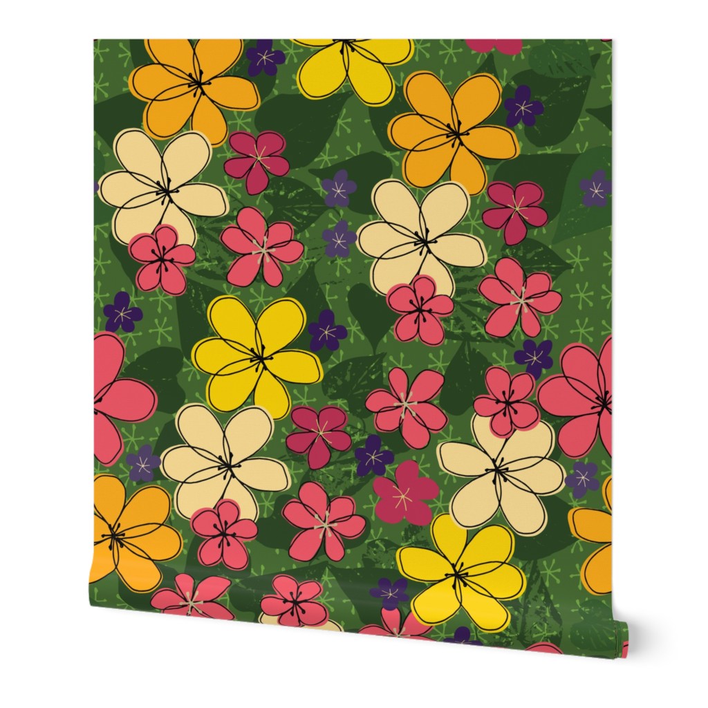 (XL) 24" x 36" Exuberant multicolor scattered floral, pink, yellow, purple, green flower power