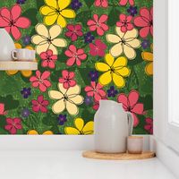 (XL) 24" x 36" Exuberant multicolor scattered floral, pink, yellow, purple, green flower power