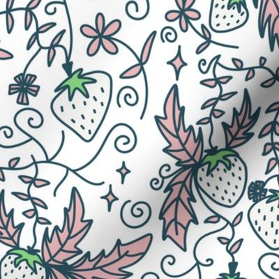 Pink Strawberry Fields  Floriography White And Green Aesthetic Design For Wallpaper And Fabric