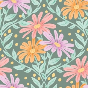 Hand-Drawn Multi-Colored Daisies on a Dark Green Sage Colored Ground_Large