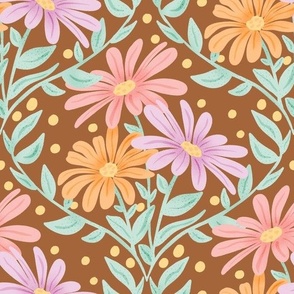 Hand-Drawn Multi-Colored Daisies on a Sienna Brown Colored Ground_Large