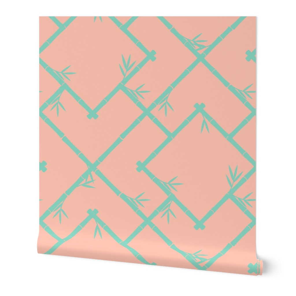 Bamboo Chinoiserie Lattice in Preppy Peach + Mint Green