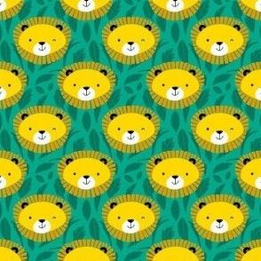 Small - Cute Kids Baby Yellow Lion Heads on Jungle Green