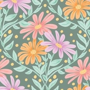 Hand-Drawn Multi-Colored Daisies on a Sage Green Colored Ground_Small