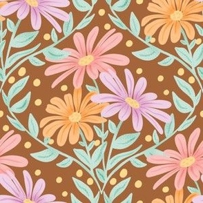 Hand-Drawn Multi-Colored Daisies on a Sienna Brown Colored Ground_Small