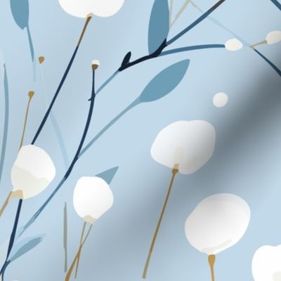 Abstract white flowers on icy light blue, winter flowers - large scale