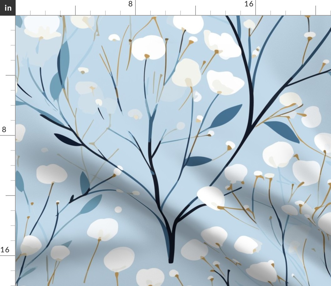 Abstract white flowers on icy light blue, winter flowers - large scale