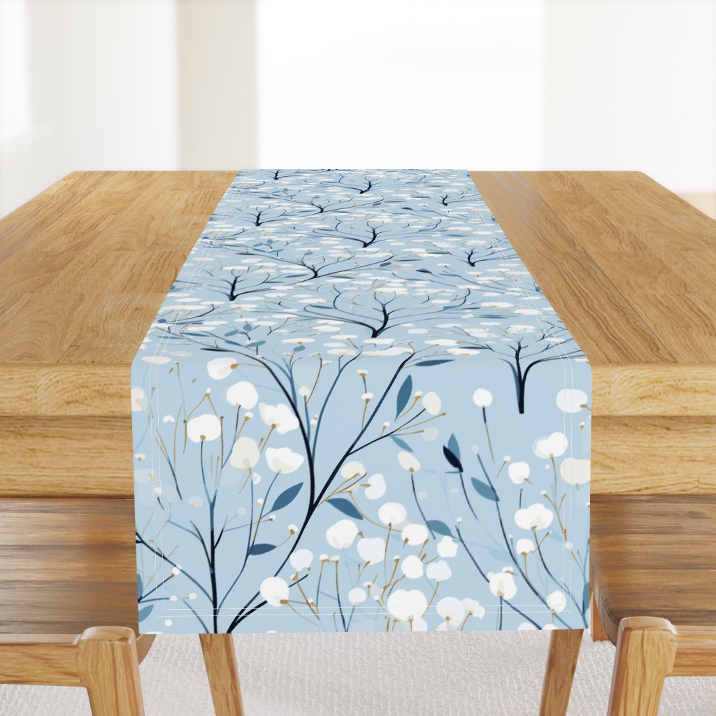 Abstract white flowers on icy light blue, winter flowers - medium scale